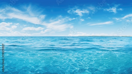 Serene Blue Water Panorama: Peaceful Ocean Scene with Calm Waves and Clear Sky