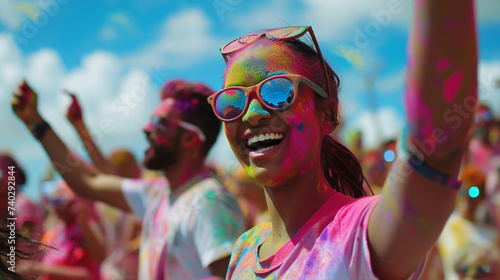 Celebrants dancing during the color Holi Festival. Crowd throwing bright colored powder paint in the air.