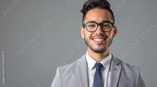 A smiling young man in a suit and tie with glasses, exuding confidence and friendliness. © MP Studio