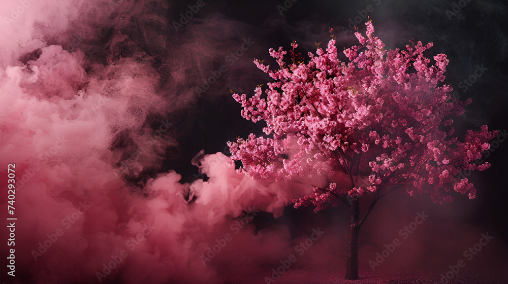 A cherry blossom tree is enveloped in pink smoke in the natural landscape