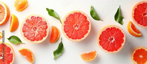 A group of grapefruits  each cut in half  arranged neatly on a white surface.