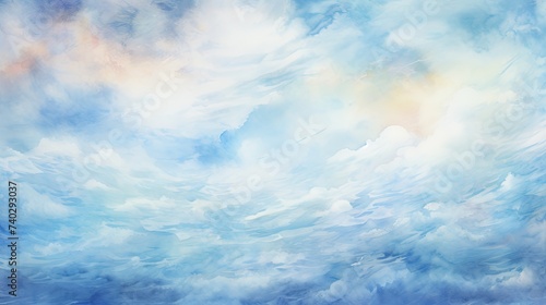 Vibrant Watercolor Painting of Blue Sky with Textured Clouds in Artistic Color Strokes