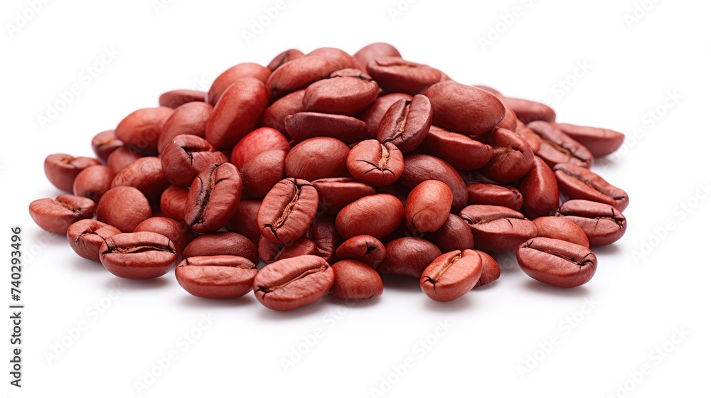 Vibrant Stack of Scarlet Coffee Beans on Clean White Surface with Shadows Vibrant Stack of Scarlet Coffee Beans on Clean White Surface with Shadows