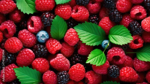 Vibrant Raspberries  Fresh Green Leaves  and Colorful Fruits Creating a Lush Pattern