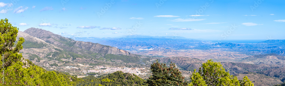 Panoramic view on pine forest on hiking trail to peak Torrecilla, Sierra de las Nieves national park, Andalusia, Spain