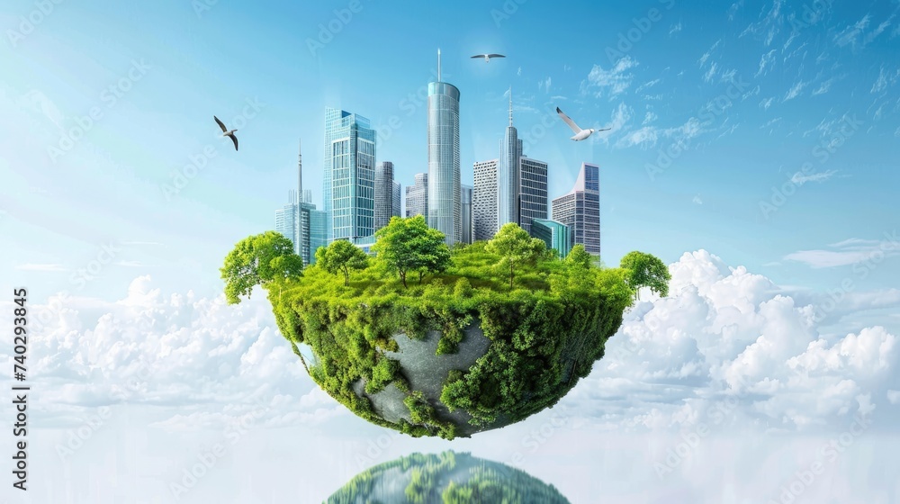 A conceptual floating green island with a lush forest and an urban cityscape against a backdrop of white clouds and blue sky, representing urban sustainability.