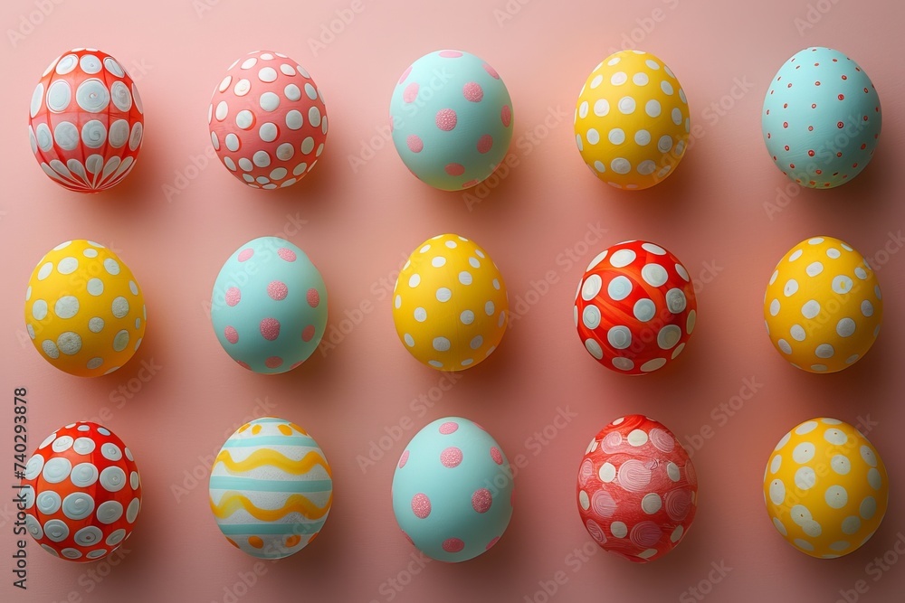 A vibrant collection of decorated Easter eggs with various polka dot patterns on a soft pink background