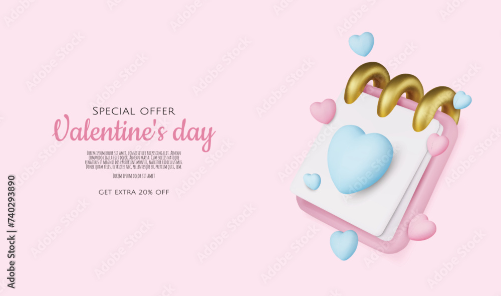 Valentines day holiday gift card with notepad and hearts. Valentines day holiday gift card with notepad and hearts.
