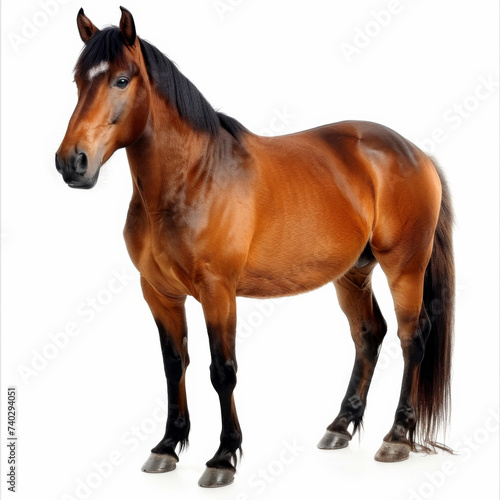 a brown horse standing against a pure white background. power, grace, and natural beauty in animals