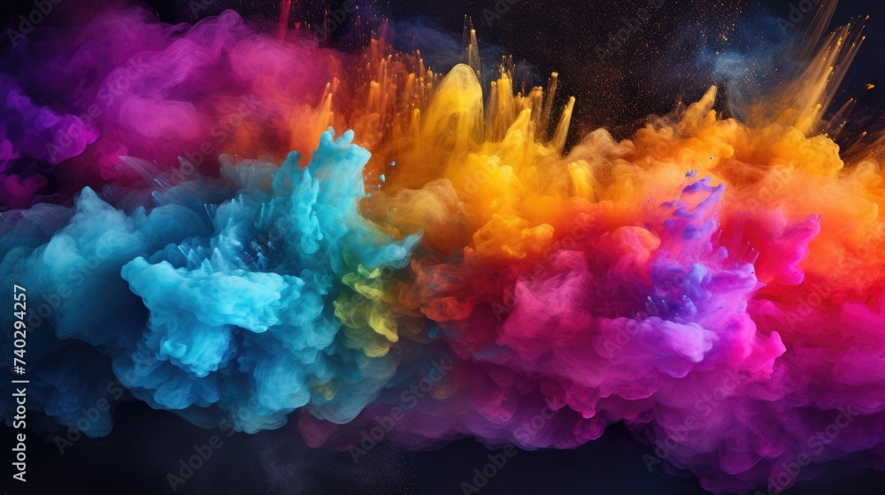 Vibrant Color Explosion: Pastel Powder Bursting in a Playful Holi Celebration on Black Background