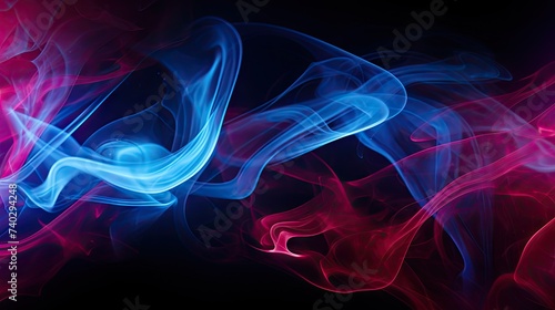 Dynamic Flow of Red and Blue Abstract Smoke Creating a Mesmerizing Backlit Texture on Black Background