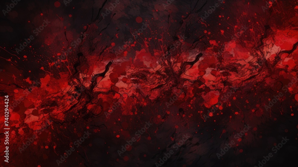 Intense Red Blood Splatter and Flow Pattern On Dark Background, Abstract Grunge Design Element - obrazy, fototapety, plakaty 