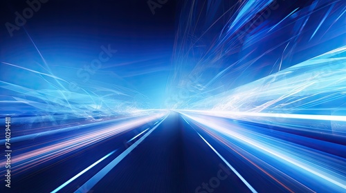 Vivid Light Trails as a Car Speeds Through a Dynamic Tunnel of Blue Illumination