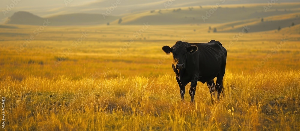 A black cow peacefully stands in an expansive grazing area, surrounded by tall grass. - obrazy, fototapety, plakaty 