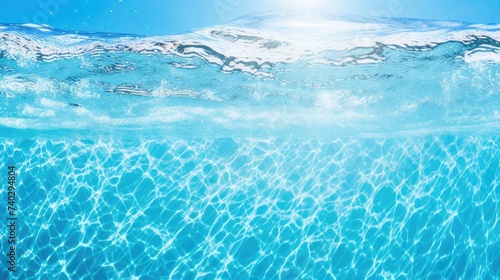 Tranquil Blue Water Surface with Sunlight and Bubbles in Summer Swimming Pool