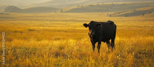 A black cow peacefully stands in an expansive grazing area, surrounded by tall grass.