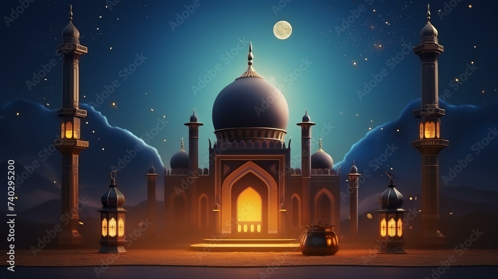 3D illustration of Ramadan Kareem's background with mosque and lanterns