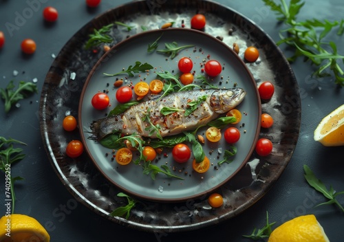 fooda dish containing fish on a plate surrounded by green vegetables, in the style of luxurious geometry photo