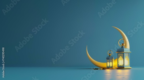 Ramadan Kareem. Arabic lanterns and a crescent moon on a blue background