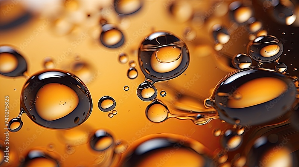 Vibrant water droplets on a yellow background with abstract macro oil drops