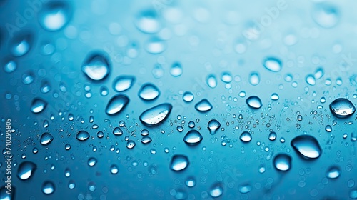 Vibrant Water Droplets Glisten on Textured Blue Surface with Reflective Light