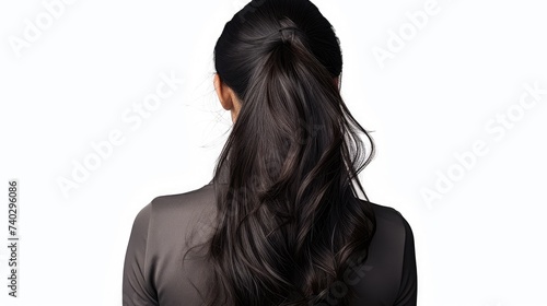 Elegant woman showcasing long black wavy ponytail on a white background