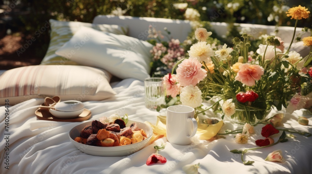 Plate of Food on Top of Bed Next to Bowl of Fruit Plate of Food on Top of Bed Next to Bowl of Fruit