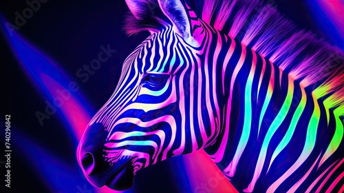 Vibrant Zebra Portrait with Neon Psychedelic Stripes and Colorful Pattern