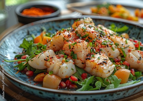 fooda dish containing fish on a plate surrounded by green vegetables, in the style of luxurious geometry photo