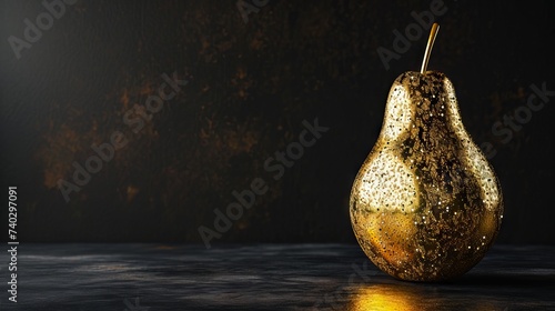 Golden pear made of gold on a dark background, ideal for minimalist design or premium product illustration, emphasizing value and elegance. Jewelry fruit. Banner with copy space
