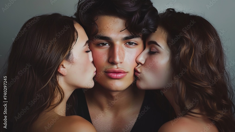 Two brunette women kissing brunette man on cheeks. Concept of love, affection, romantic relationships, love triangle, intimate moments, emotional intimacy.