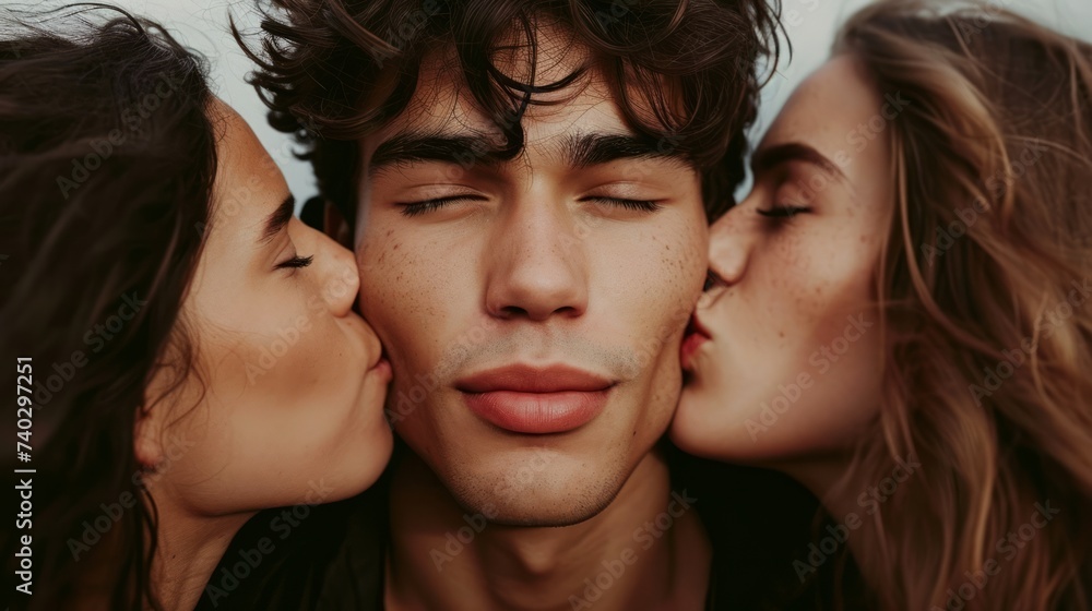 Two brunette women kissing brunette man on the cheeks. Concept of love, affection, romantic relationships, love triangle, intimate moments, emotional intimacy. Close up