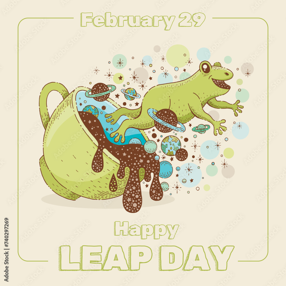 Leap day February 29 poster. Leap year calendar with jumping frog