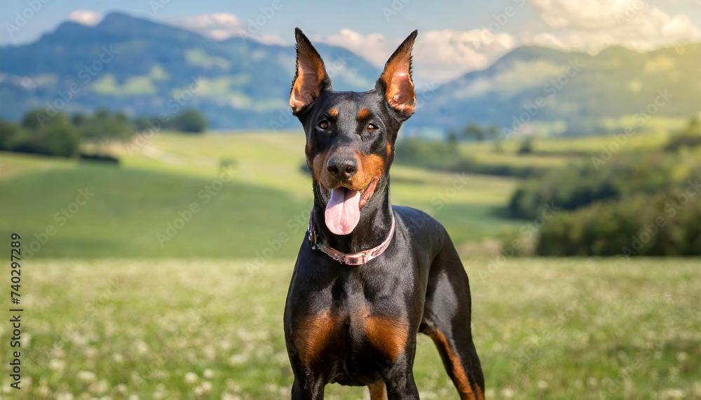 A Doberman Pinscher with ears up in a field