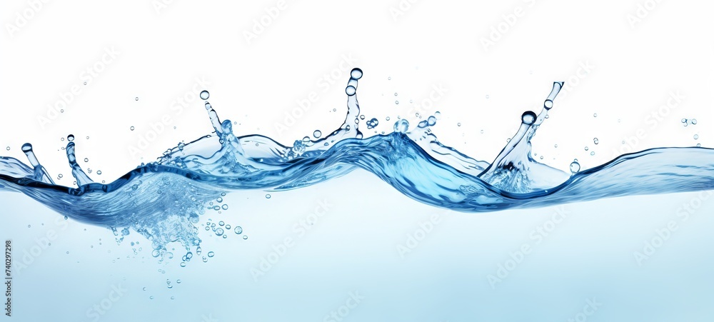 Clear water wave with splashes and bubbles on a light background. Wide Banner. Copy space. Concepts of purity, refreshment, cleanliness, nature, delivery of drinking water