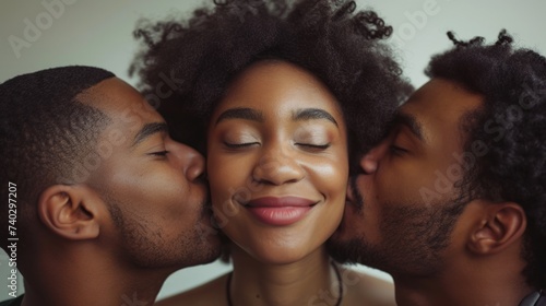 African American woman with eyes closed, being kissed by two African American men. Concept of affection, love triangle, intimate moments, multicultural love, and relationships.