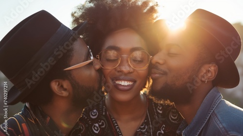 African American woman with eyes closed, being kissed by two African American men. Concept of affection, love triangle, intimate moments, multicultural love, relationships. photo