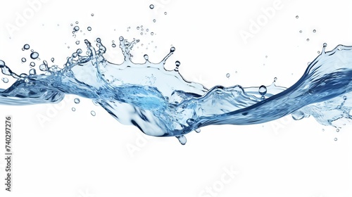Dynamic splash of clean blue water on a white background. High-speed image. Banner. Copy space. Concept of purity, hydration, refreshment, and cleansing.