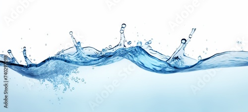 Clear water wave with splashes and bubbles on a light background. Wide Banner. Copy space. Concepts of purity, refreshment, cleanliness, nature, delivery of drinking water