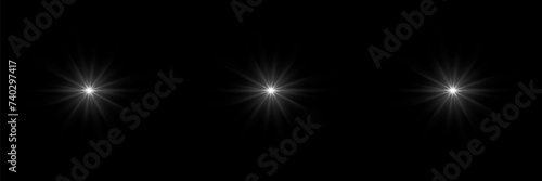 Set of light effects and glares, light explosion, solar flare, sparks and stars. Glowing light flashes sparks. Vector illustration.