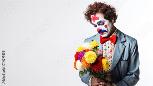 Sad male clown with a bouquet of flowers