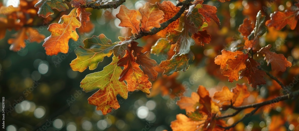 Fototapeta premium A Daimio Oak tree in a rural Devon woodland garden adorned with abundant autumn leaves.