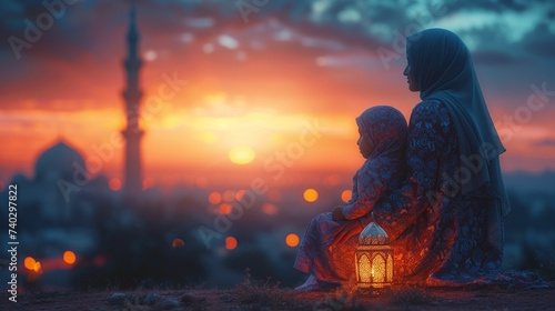 Woman and Child Sitting on Lantern