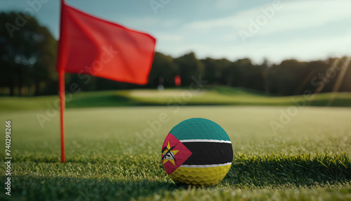 Golf ball with Mozambique flag on green lawn or field  most popular sport in the world