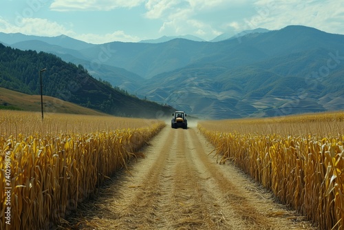 Tractor driving along the road in a field of ripe dry corn against the background of high mountains