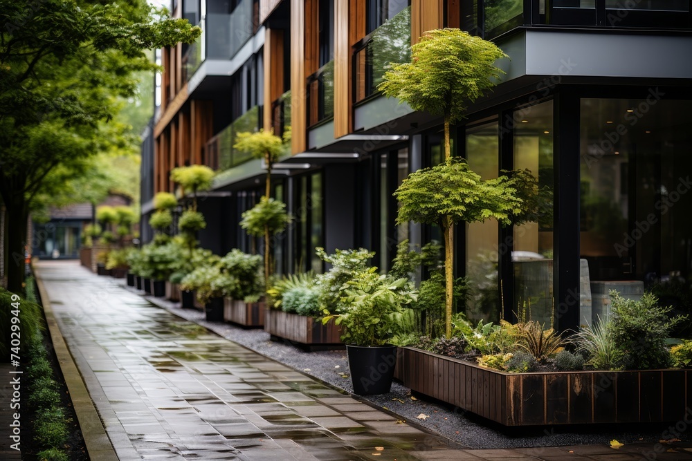 Contemporary residential building with green plants and wet pavement on a cloudy day.