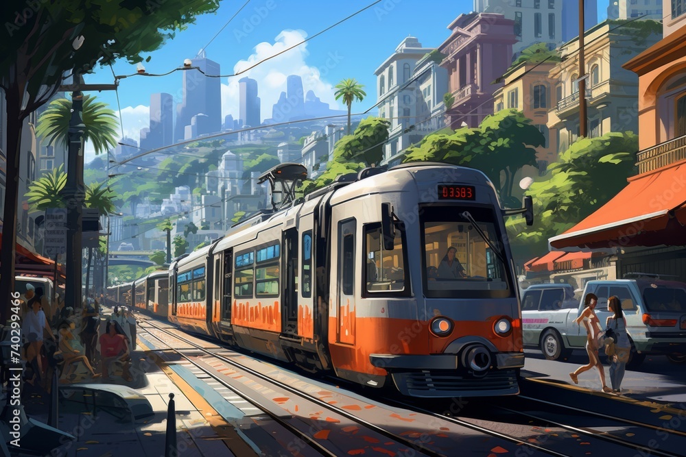 Illustrated streetcar in a vibrant cityscape under clear skies.