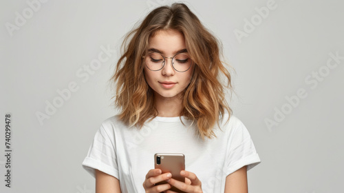 A smiling woman wearing glasses and a white shirt is looking at her smartphone, fully engaged with the content.