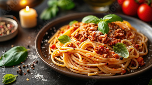 Spaghetti bolognese with parmesan cheese and basil photo