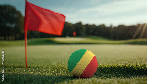 Golf ball with Republic of the Congo flag on green lawn or field, most popular sport in the world